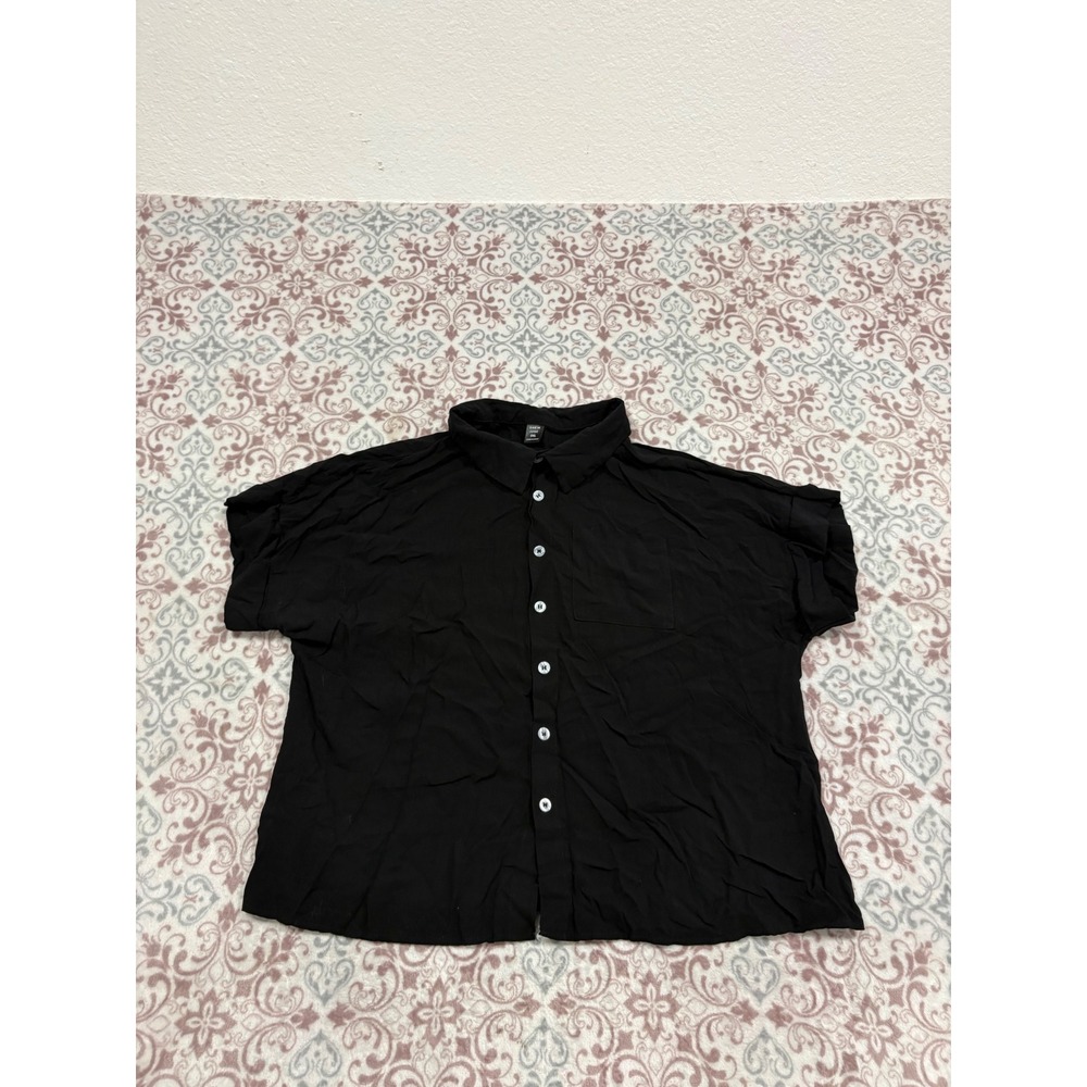 Shein Curve Womens 0XL Black Short Sleeve Button Down Shirt Collared Pocket Top